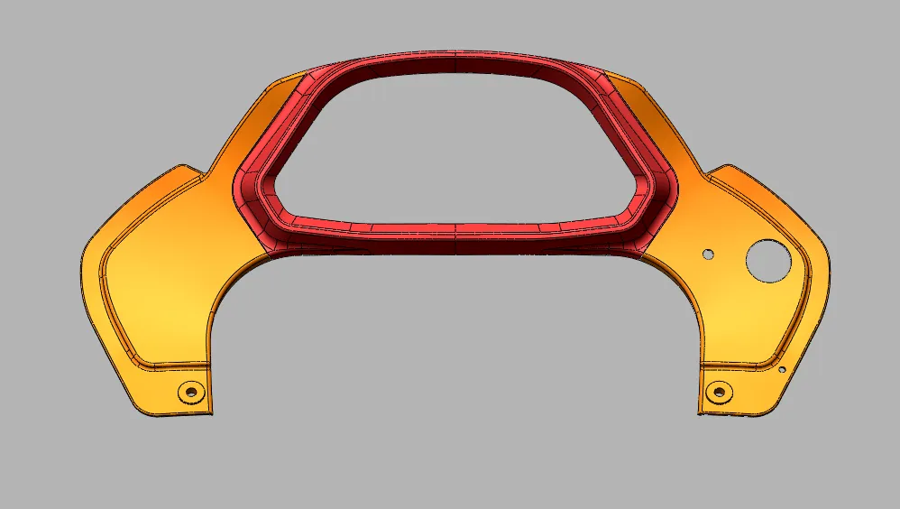 Modèle 3D d’une pièce en deux parties, orange et rouge, affiché dans un logiciel de CAO avant impression
